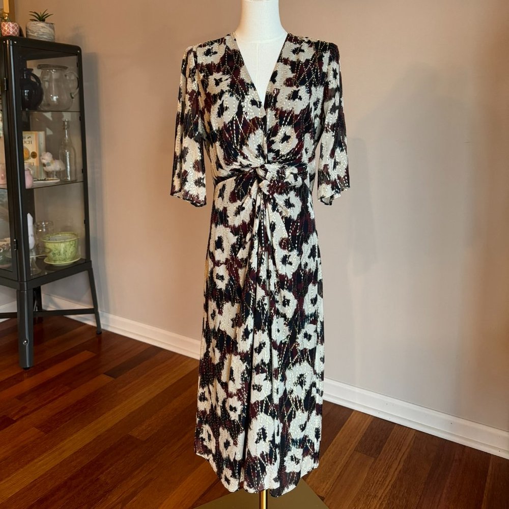 NWT   ba&sh Kaz Metallic Floral Print Midi Dress size 3